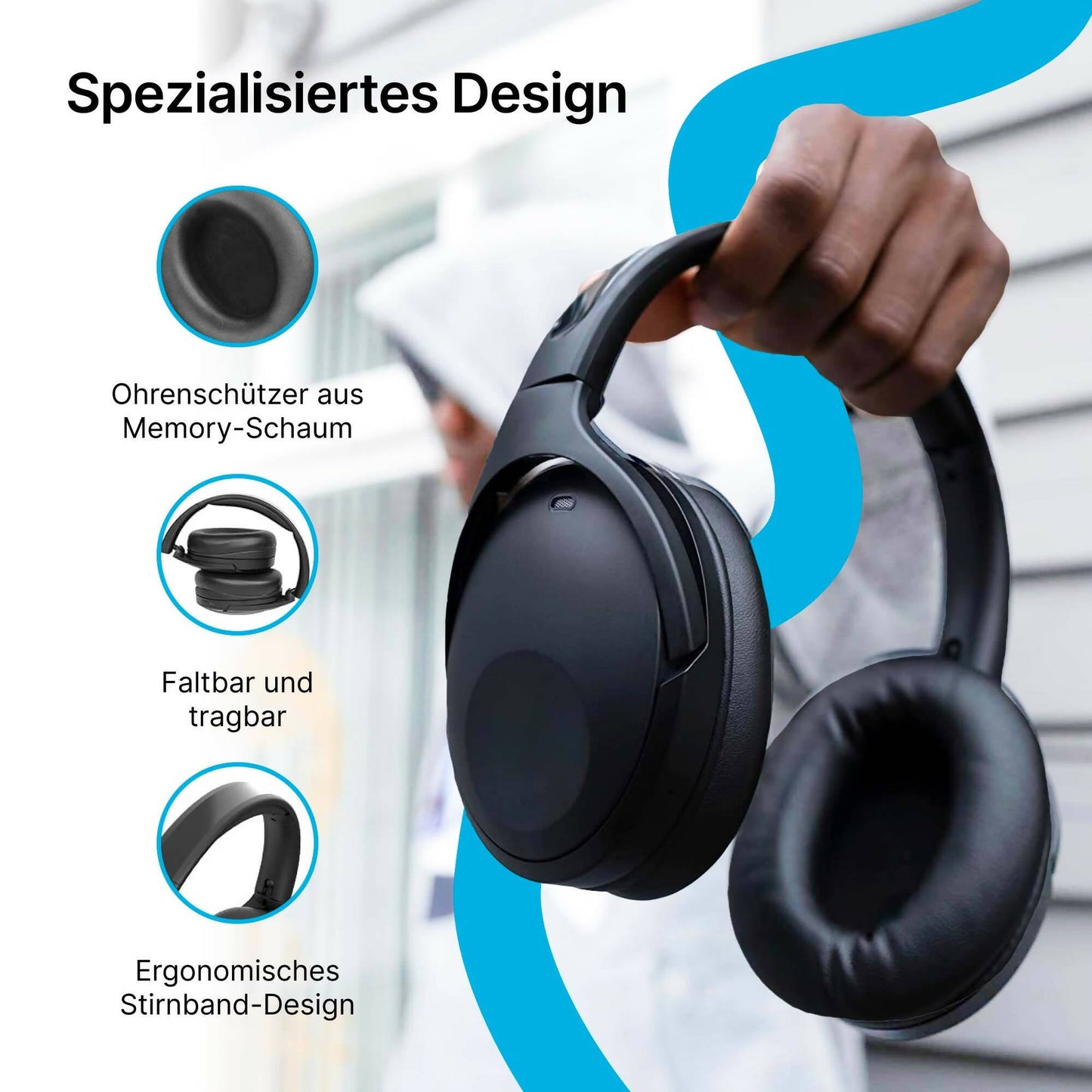 Noise-Cancelling Over-Ear Kopfhörer Bluetooth, 100 Std. Akku, Schnellladen (Schwarz)