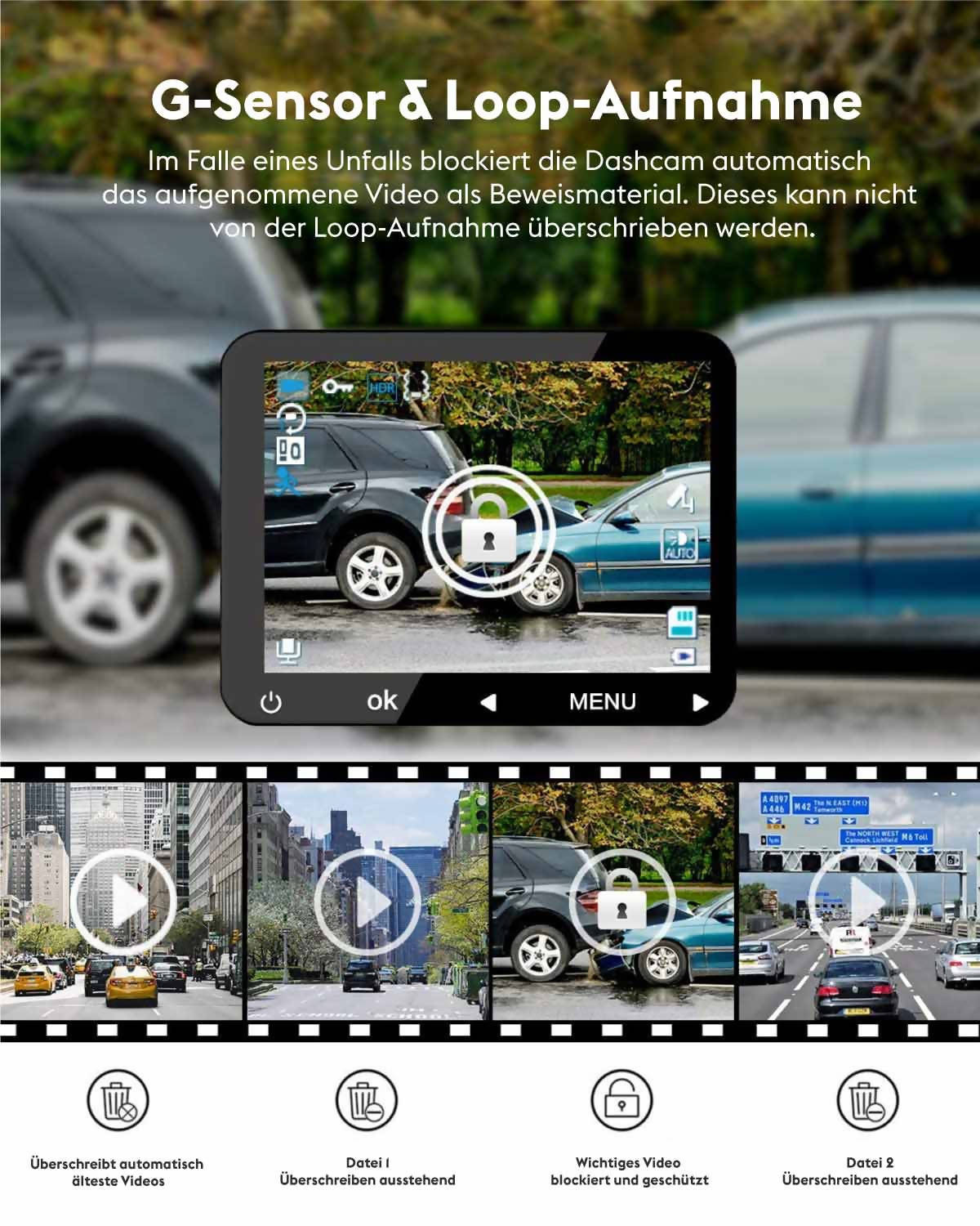 Dashcam Autokamera 1080p mit 32GB SD-Karte, 310 Grad Weitwinkel