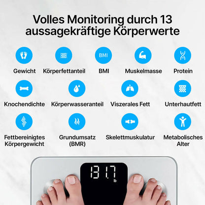 Vitafit Körperfettwaage 13 Körperwerte mit App, 180 kg, Silber
