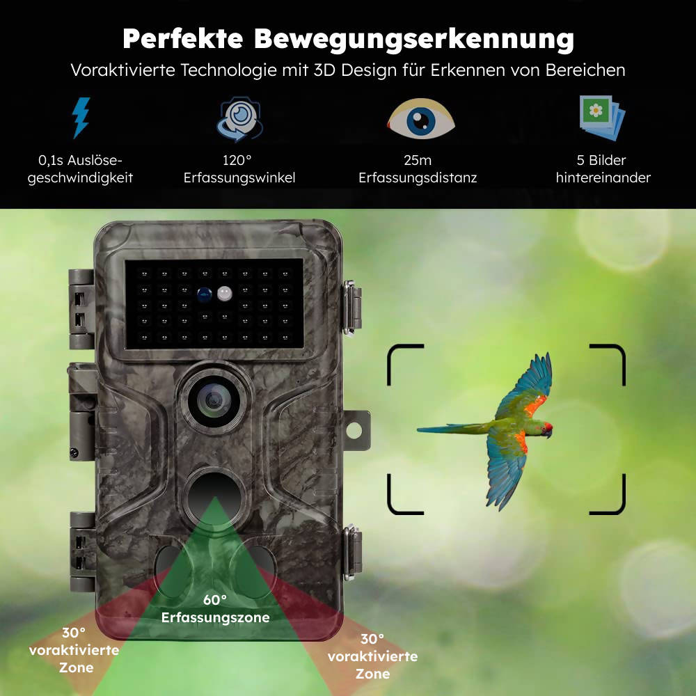 48 MP Wildkamera mit Nachtsicht (30 m) und 2,4 Zoll Farbbildschirm