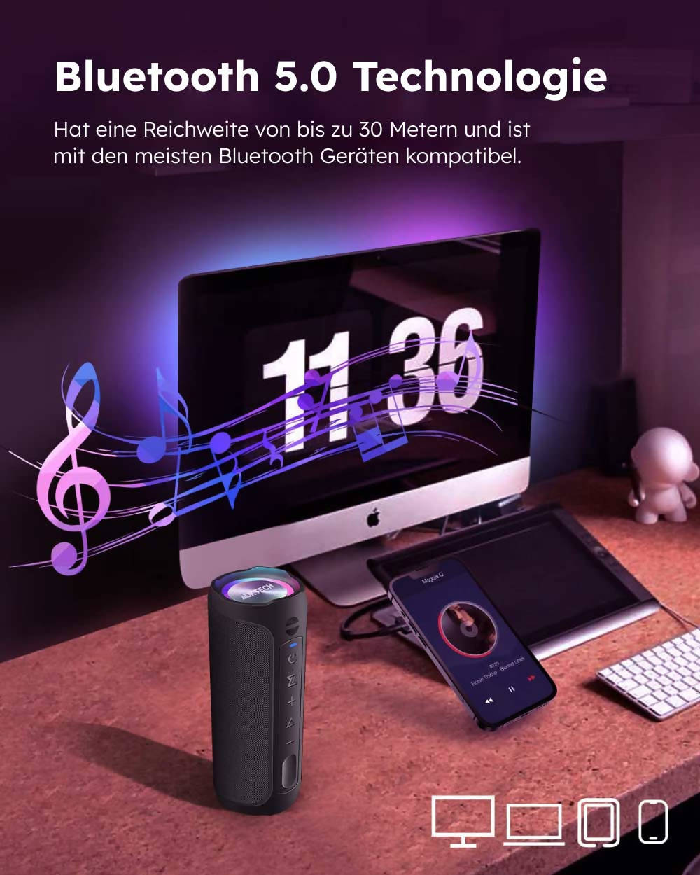 AUKTECH Bluetooth-Lautsprecher mit 24 W, IPX7, Freisprechfunktion und LED-Licht