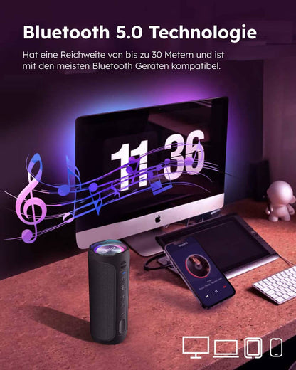 AUKTECH Bluetooth-Lautsprecher mit 24 W, IPX7, Freisprechfunktion und LED-Licht