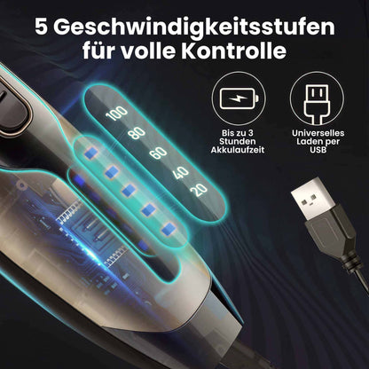 Haarschneidemaschine mit Barttrimmer (Silber): USB-Schnellladung, 4 Aufsätze, Titan-Klinge