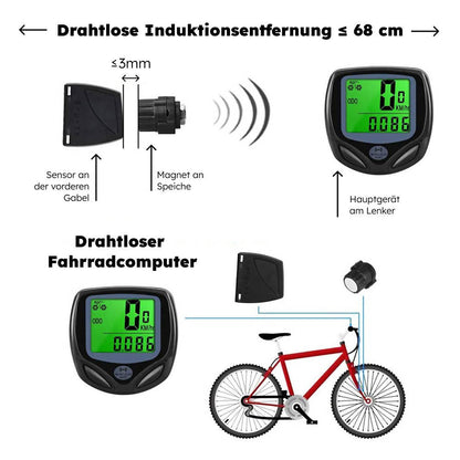 Fahrradtacho (kabellos) mit LCD-Display, 16 Funktionen, IP54 & Hintergrundbeleuchtung