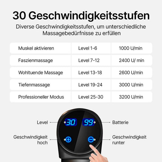 Massagepistole mit 30 Geschwindigkeiten und 6 Massageköpfen