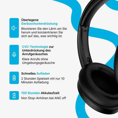 Noise-Cancelling Over-Ear Kopfhörer (Schwarz) – Bluetooth, bis zu 100 Std. Akku, Schnellladen