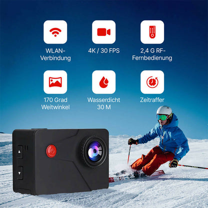 4K Action-Kamera mit WiFi, 2 Zoll Touchscreen & 30 m Unterwassergehäuse (Schwarz)