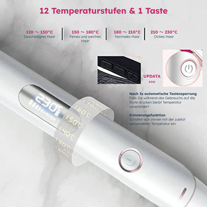 Glätteisen mit Negativ-Ionen-Technologie, Digitaldisplay & 12 Temperaturstufen (120–230°C)