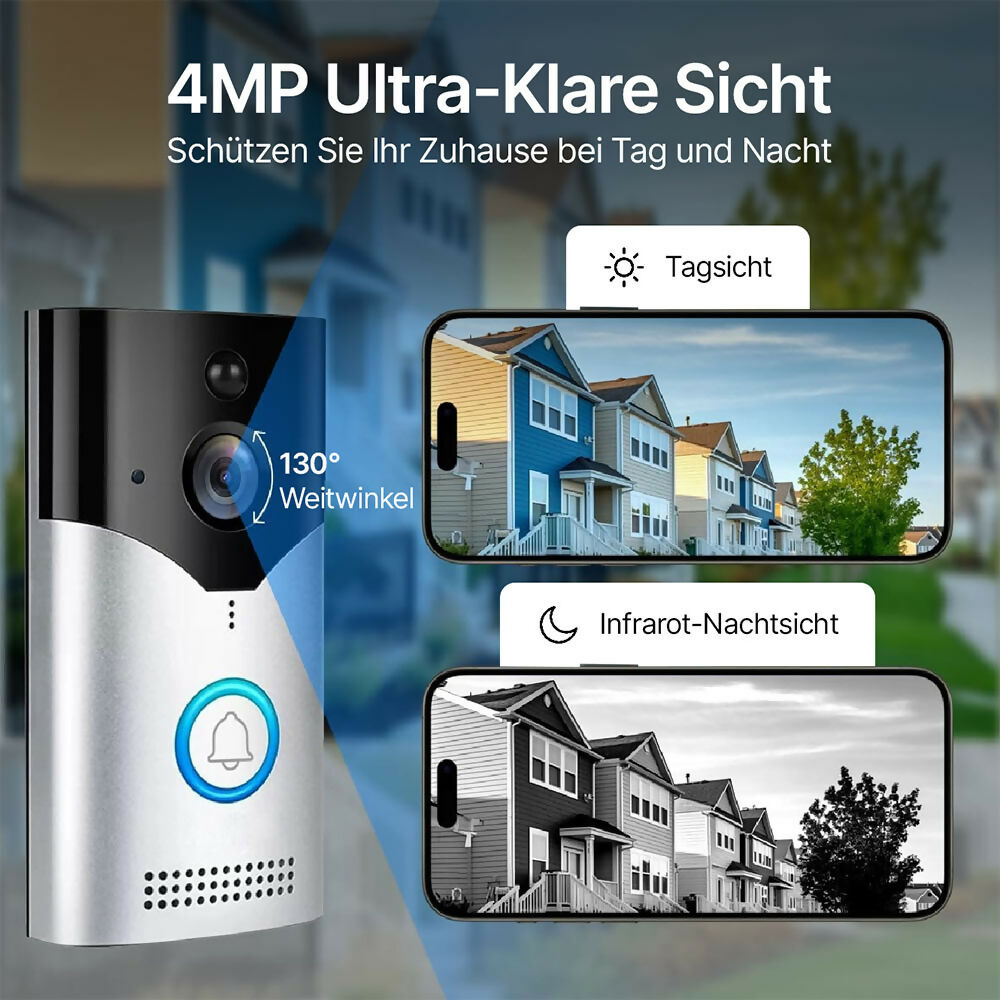 Türklingel mit 4MP Kamera, Nachtsicht, PIR, Zwei-Wege-Audio, Akku, 2,4-GHz-WLAN