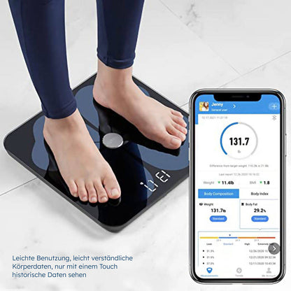 Digitale Körperfettwaage mit App & Bluetooth (Vitafit) – Schwarz, 13 Messwerte, Multi-User, ITO-Glas