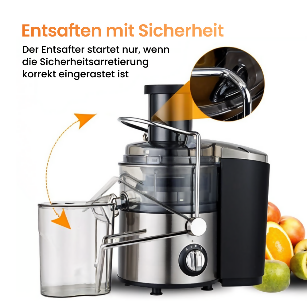 Entsafter aus Edelstahl mit großer Einfüllöffnung und 2 Geschwindigkeitsstufen