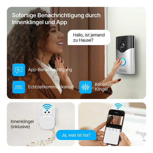 Türklingel mit 4MP Kamera, Nachtsicht, PIR, Zwei-Wege-Audio, Akku, 2,4-GHz-WLAN