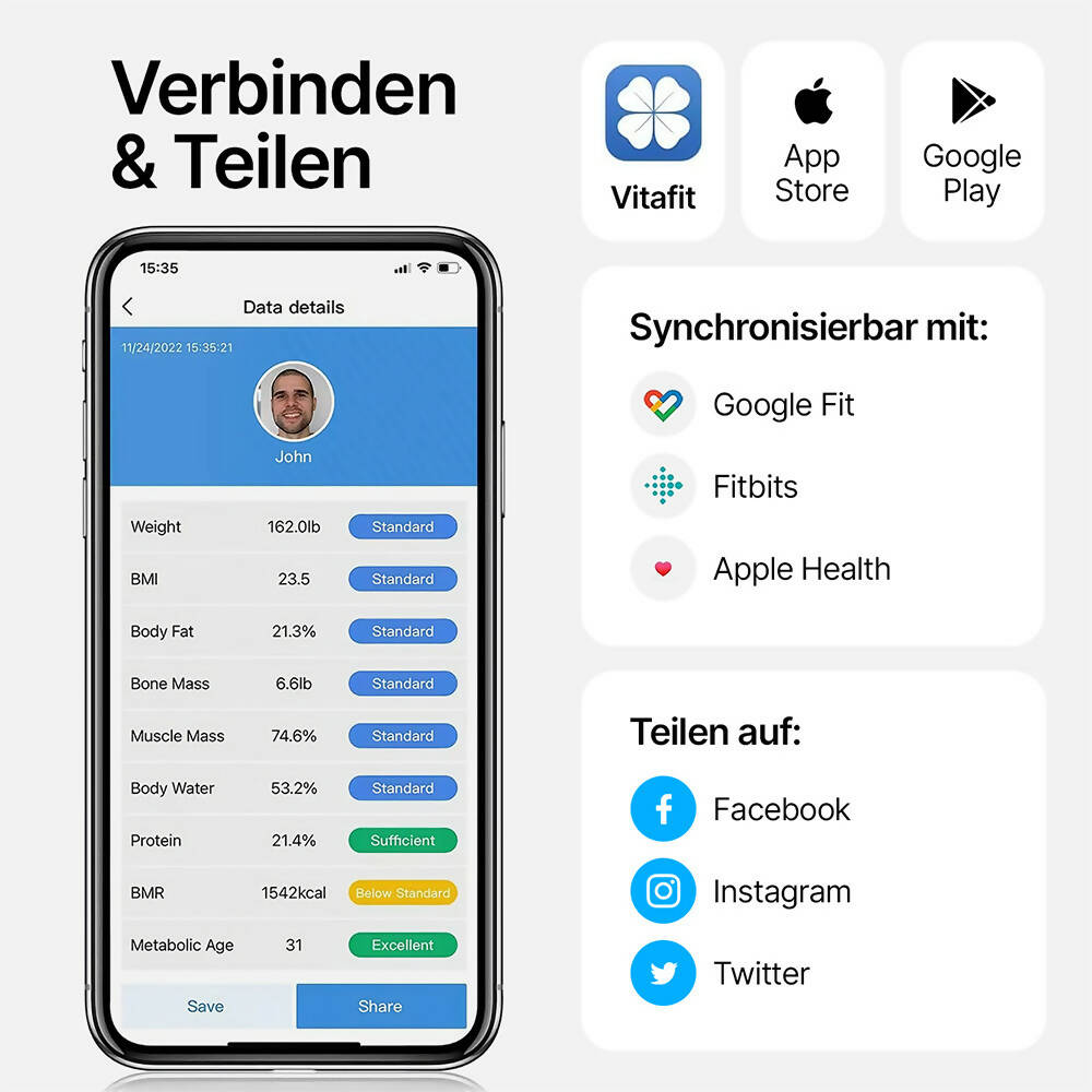 Vitafit Körperfettwaage Silber mit App-Anbindung (13 Werte) bis 180 kg